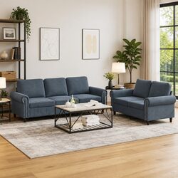 Grey Velvet 2 Piece Sofa Set with Cushions for Comfort