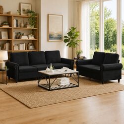 Premium Black Velvet 2 Piece Sofa Set with Cushions