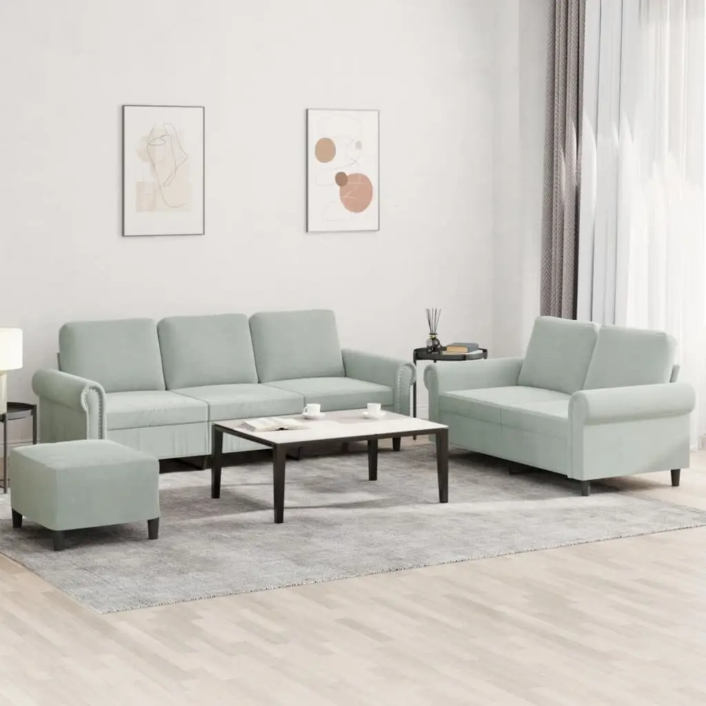 Grey Velvet 3 Piece Sofa Set with Cushions & Footstool