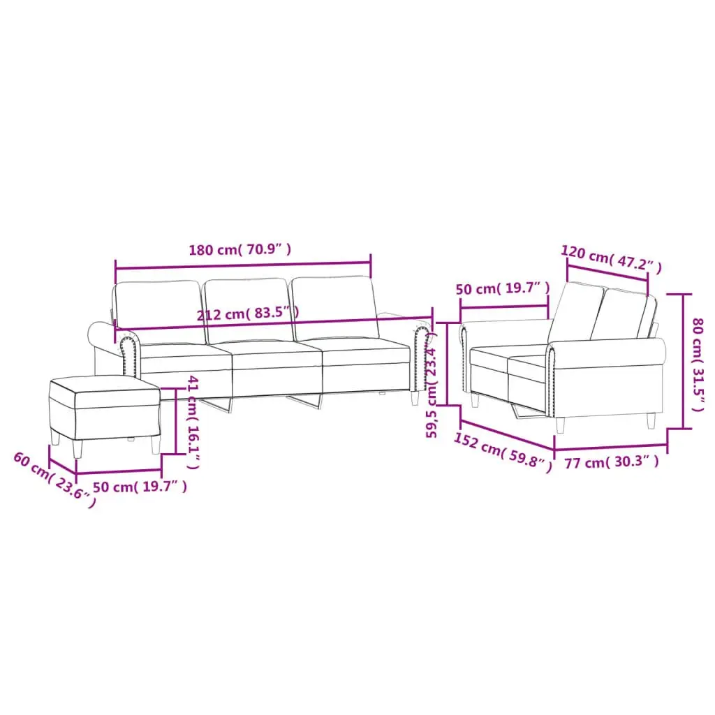 Grey Velvet 3 Piece Sofa Set with Cushions & Footstool