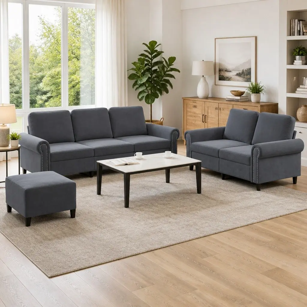 Grey Velvet 3 Piece Sofa Set with Footstool