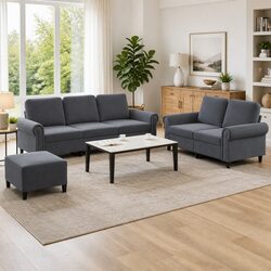 Grey Velvet 3 Piece Sofa Set with Footstool