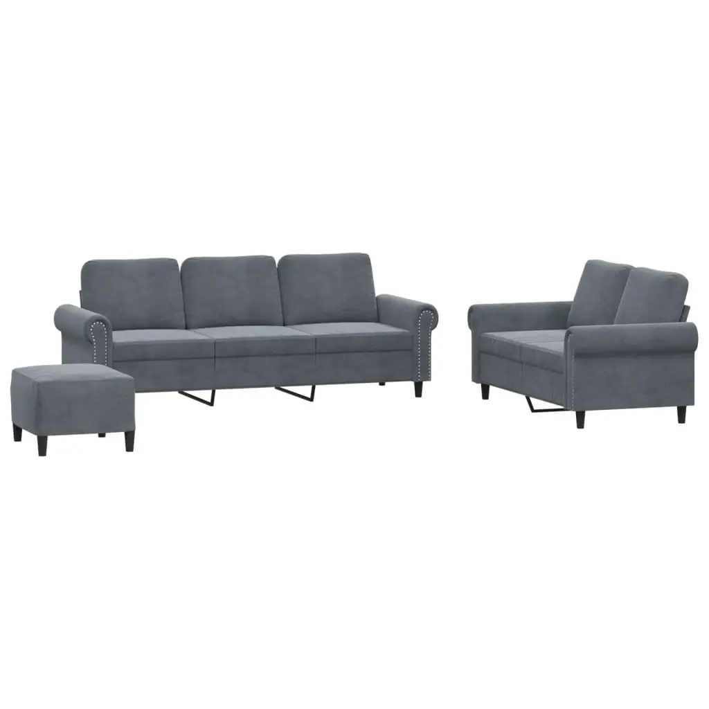 Grey Velvet 3 Piece Sofa Set with Footstool