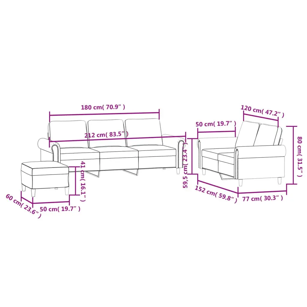 Grey Velvet 3 Piece Sofa Set with Footstool