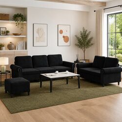 Durable Black Velvet 3 Piece Sofa Set with Cushions