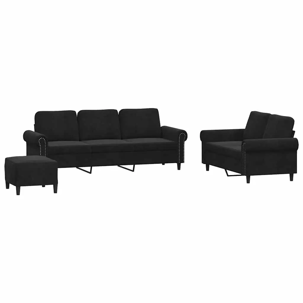 Black Velvet 3 Piece Sofa Set with Cushions