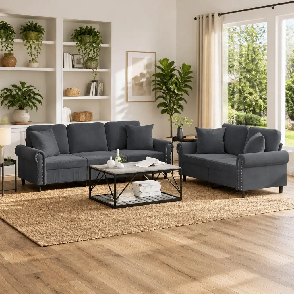 Grey Velvet 2 Piece Sofa Set with Pillows