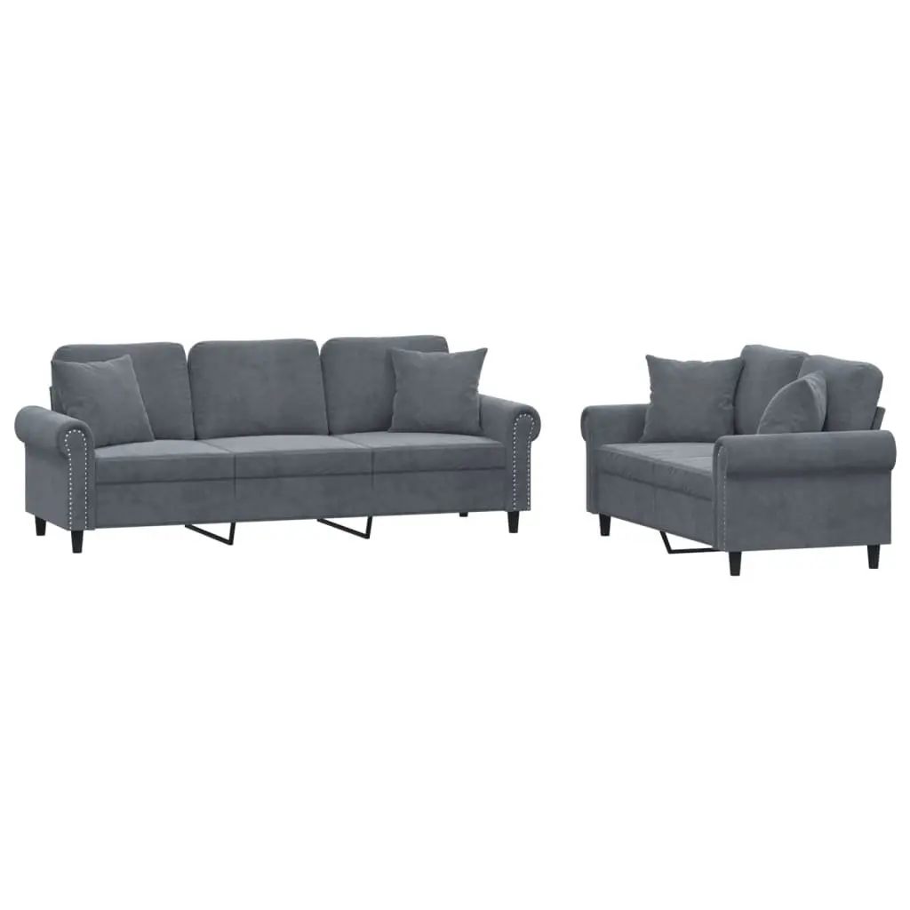 Grey Velvet 2 Piece Sofa Set with Pillows