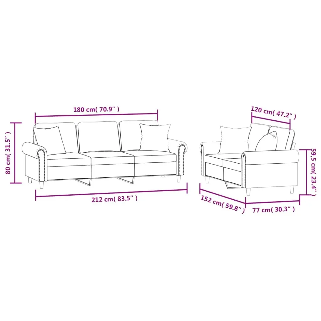 Grey Velvet 2 Piece Sofa Set with Pillows