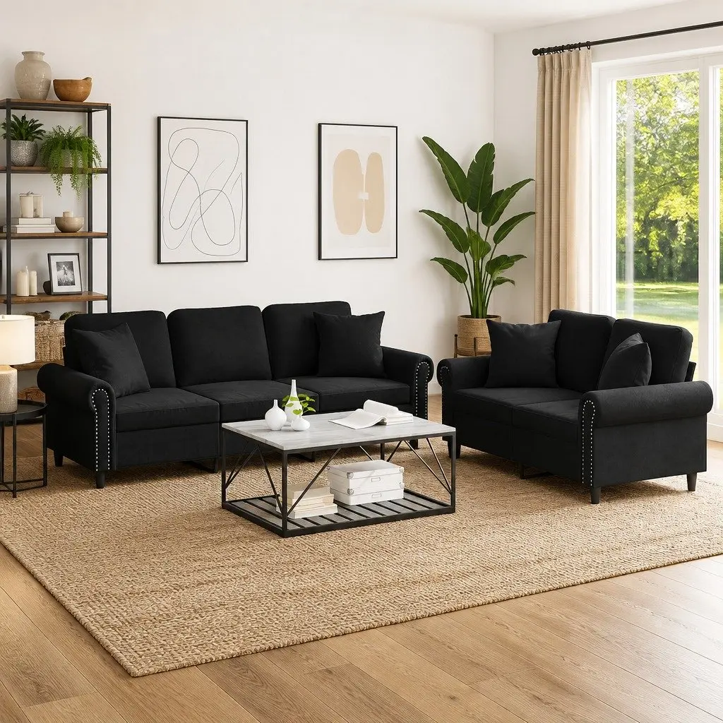 2 Piece Black Velvet Sofa Set with Pillows