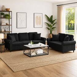 Durable 2 Piece Black Velvet Sofa Set with Pillows