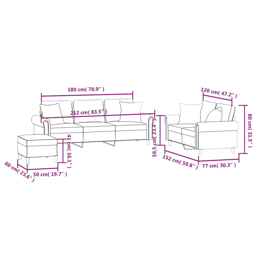 3 Piece Sofa Set Velvet Grey Couch with Throw Pillows Footstool