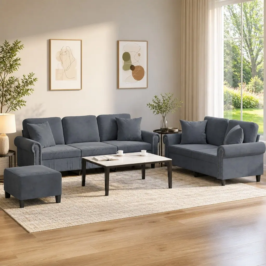 Sofa Set Velvet 3 Piece Grey