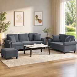 Durable 3 Piece Grey Velvet Sofa Set with Footstool