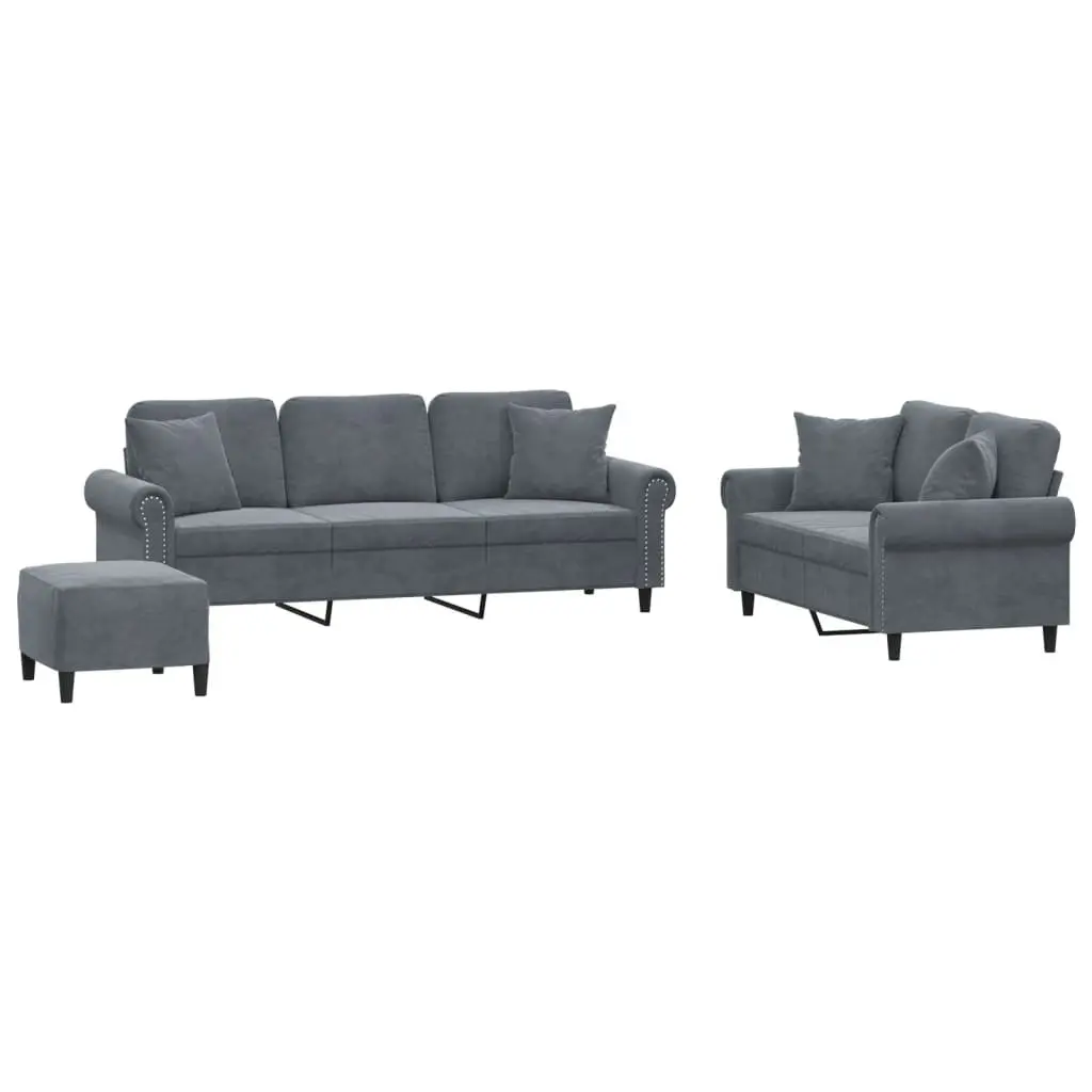 Sofa Set Velvet 3 Piece Grey