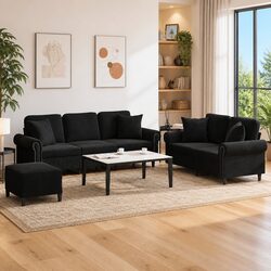 Durable 3 Piece Black Velvet Sofa Set with Cushions