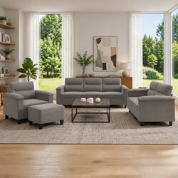 Durable 4 Piece Grey Microfibre Sofa Set with Footstool