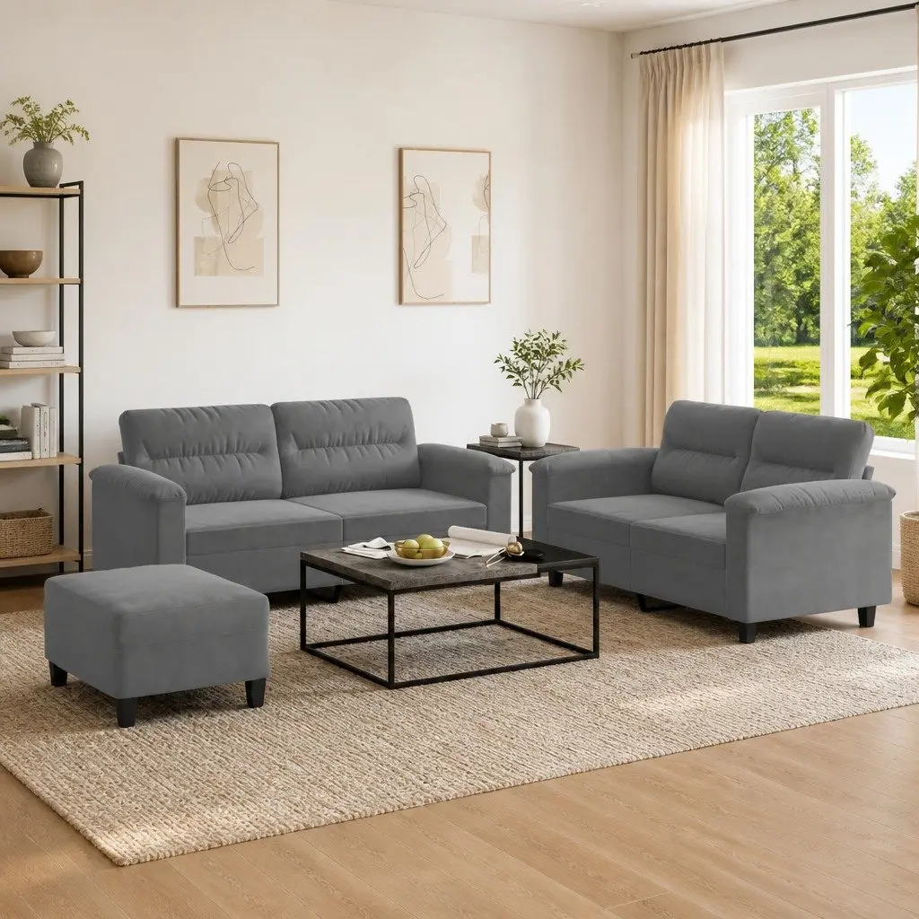 Grey Microfibre 3 Piece Sofa Set with Cushions