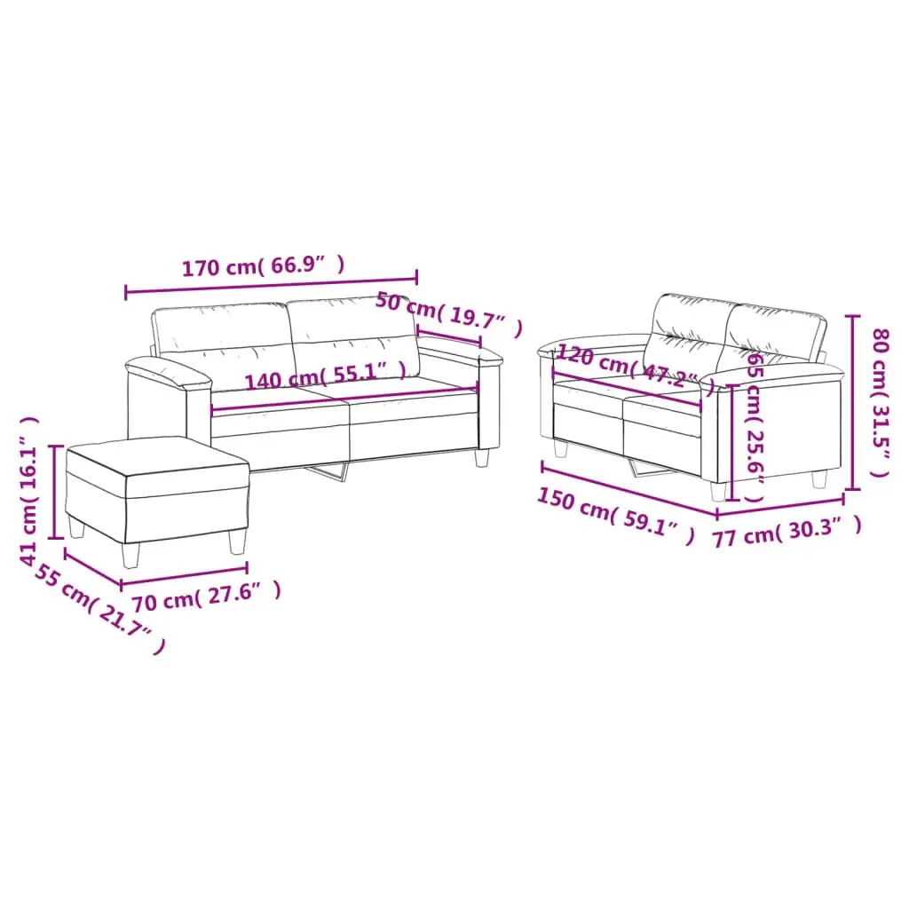 Grey Microfibre 3 Piece Sofa Set with Cushions