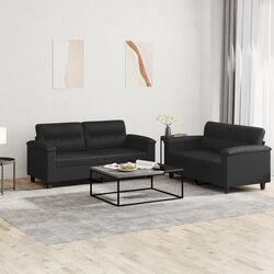 Durable Black Faux Leather 2 Piece Sofa Set with Cushions