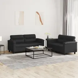 Durable Black Faux Leather 2 Piece Sofa Set with Cushions