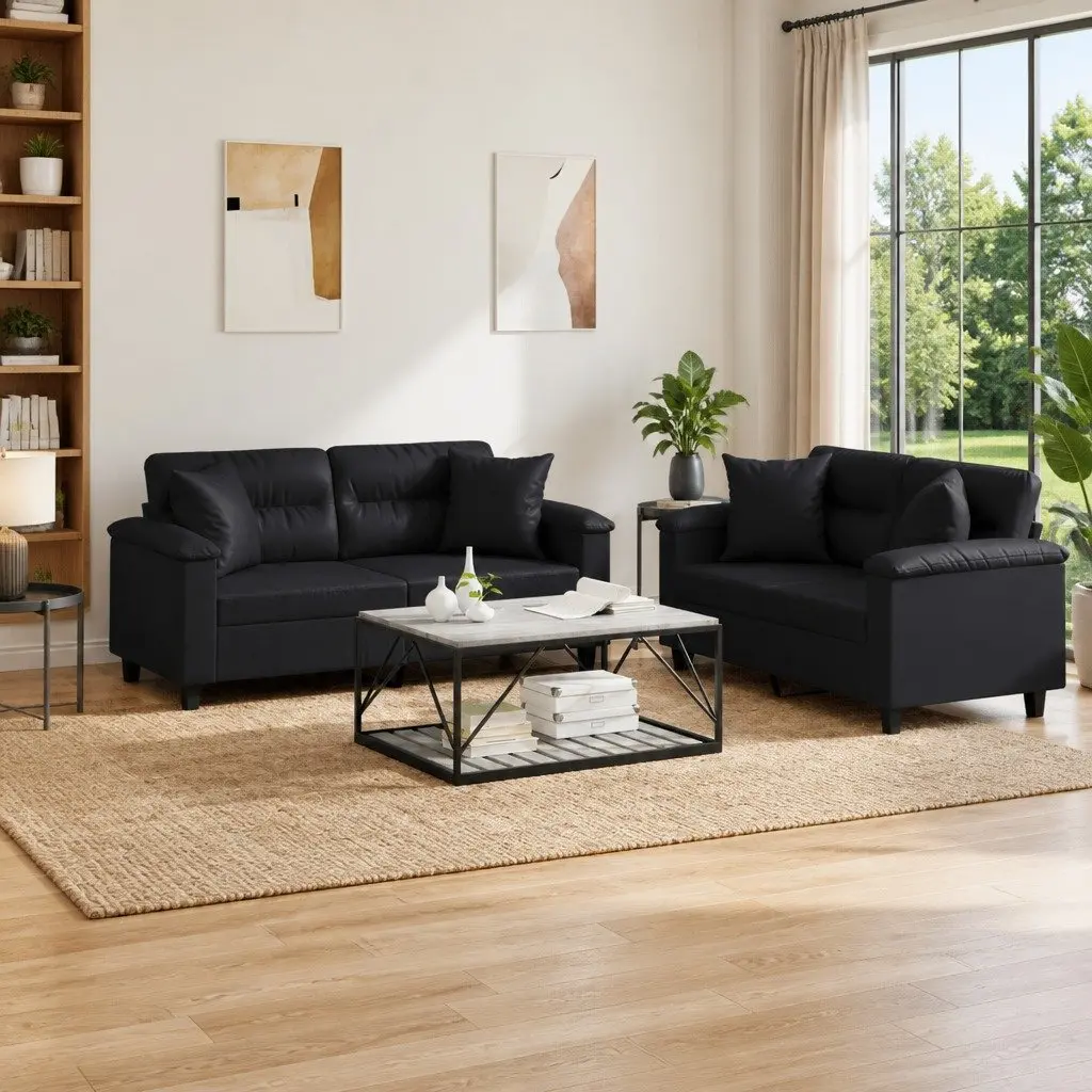 2 Piece Sofa Set with Throw Pillows in Black