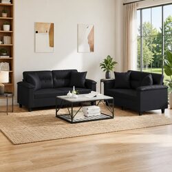 Durable 2 Piece Sofa Set with Throw Pillows in Black