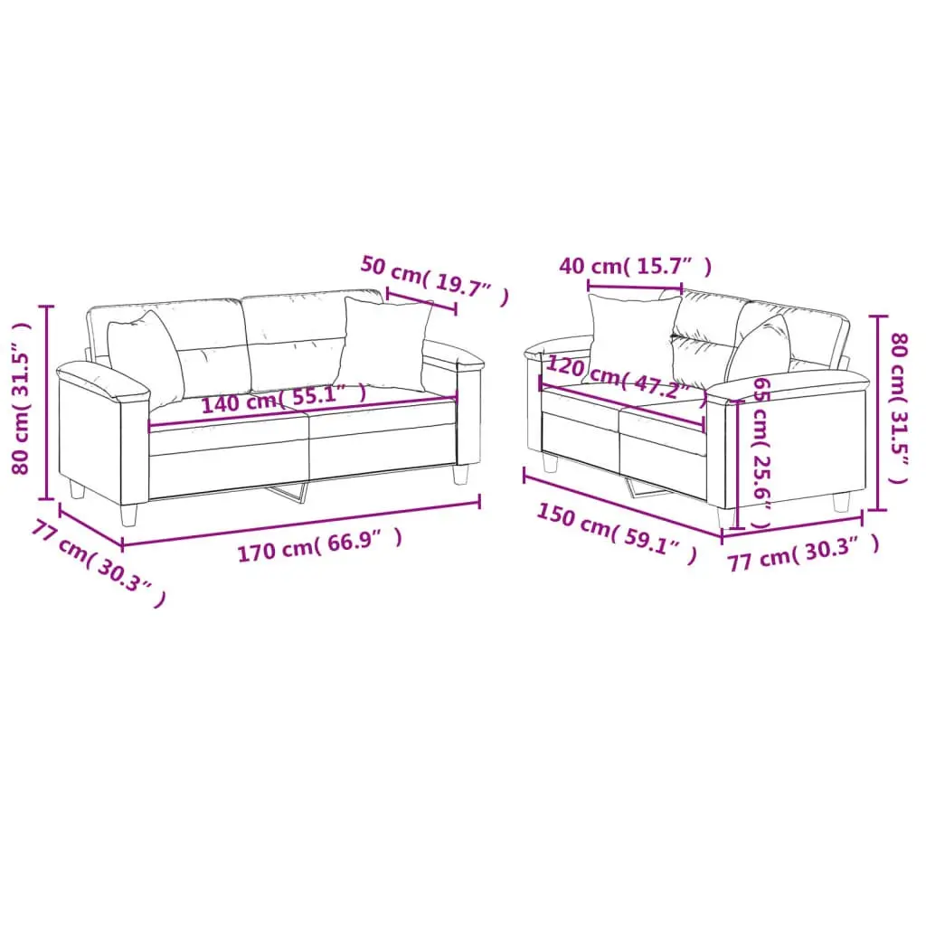 2 Piece Sofa Set with Throw Pillows in Black