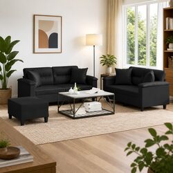 Durable Black Faux Leather 3 Piece Sofa Set with Pillows