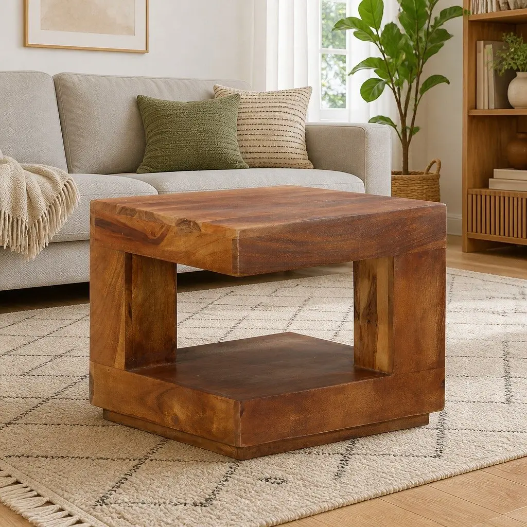 Solid Acacia Wood Coffee Table with Storage Shelf 45x45x40 cm