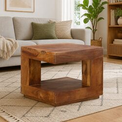 Solid Acacia Wood Coffee Table with Storage Shelf 45x45x40 cm