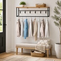 Wooden Peg Coat Rack Wall Mount Shelf with 6 Hooks Organizer Brown