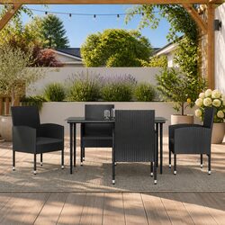 5 Piece Black Poly Rattan Steel Garden Dining Set