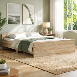 Bed Frame 135x190 cm Sonoma Oak Brown Engineered Wood Headboard Footboard Slats