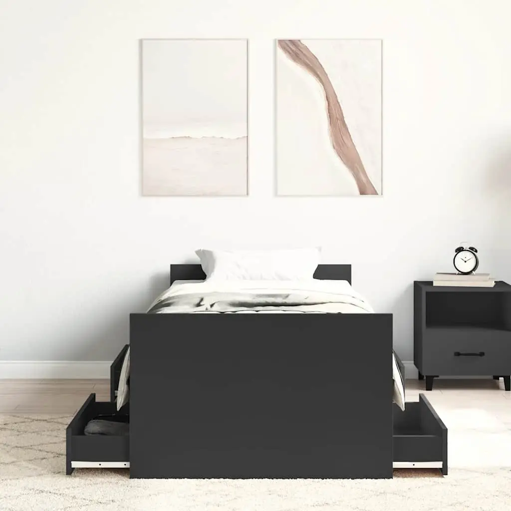 Black Bed Frame 90x190 cm with Storage Drawers