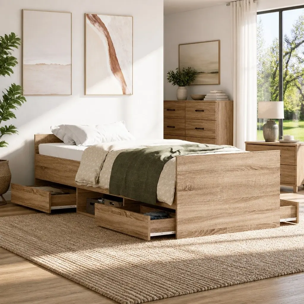 Brown Engineered Wood Bed Frame 90x190 cm with Storage