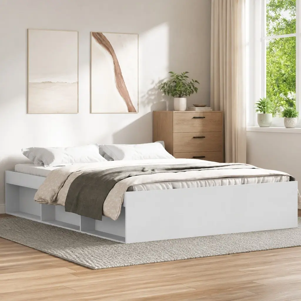 Bed Frame Engineered Wood 135x190 cm White Modern Storage Platform