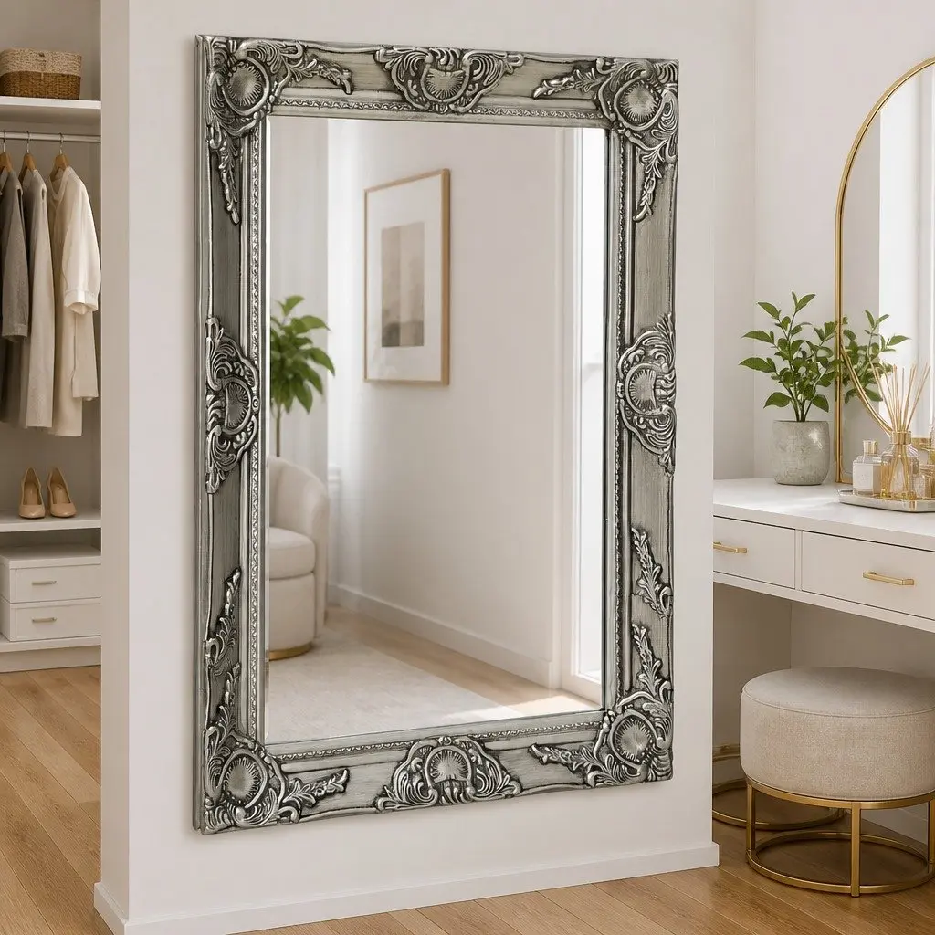 Wall Mirror Baroque Style Silver Frame Ornate Decorative Home Decor 50x60 cm