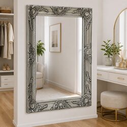 Ornate Silver Framed Wall Mirror with Baroque Design 50x60 cm