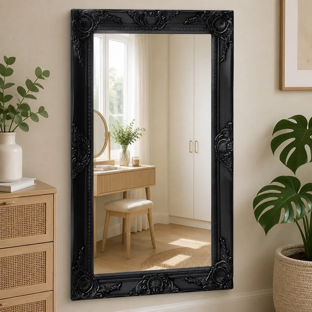 Wall Mirror Wood 50x80cm Black Baroque Style Decorative Frame Antique Look