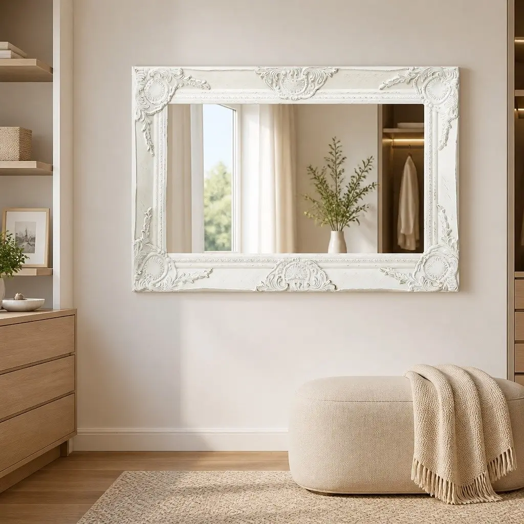Baroque Style Wall Mirror with Ornate White Frame