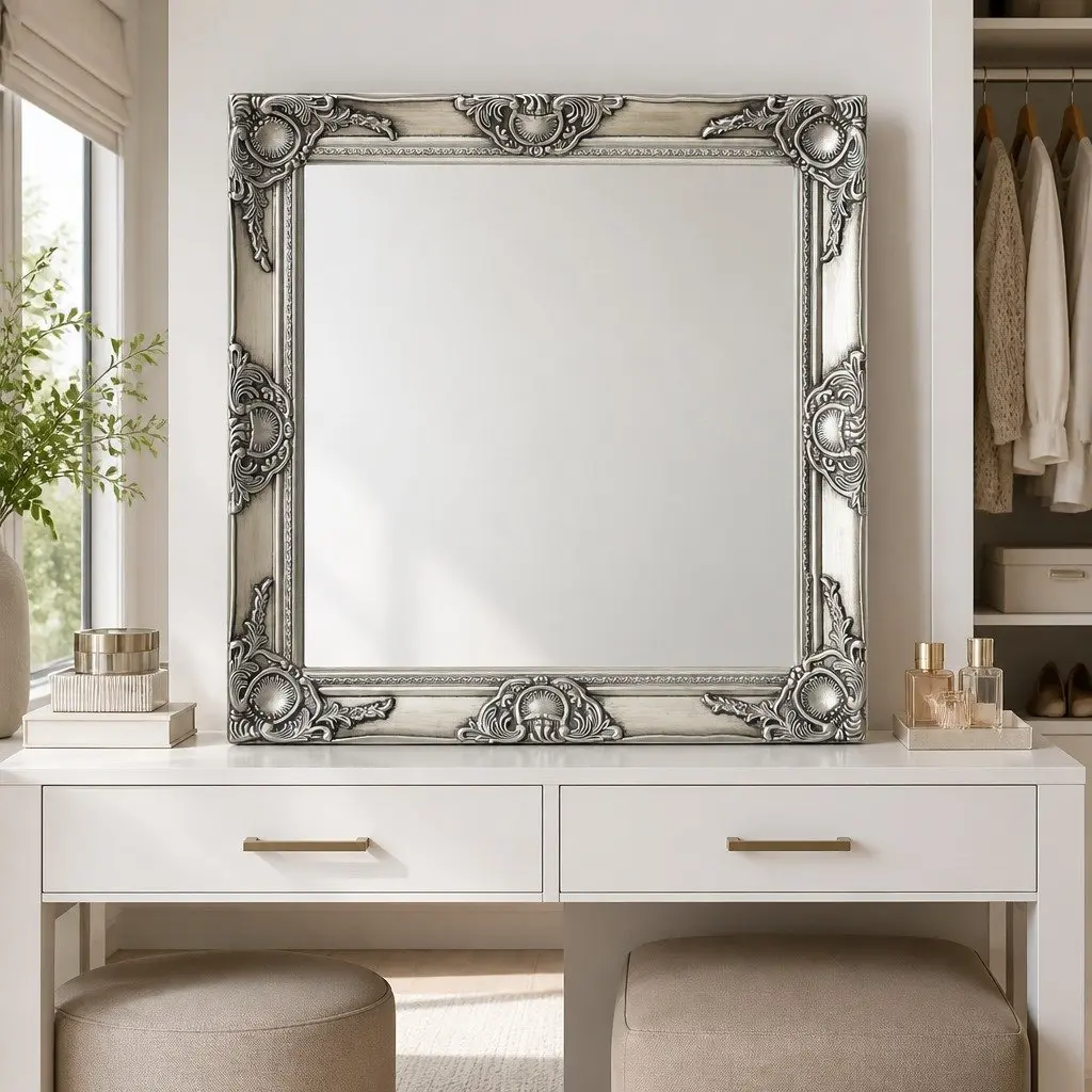 Wall Mirror Wooden Frame 60x60 cm Silver Baroque Style