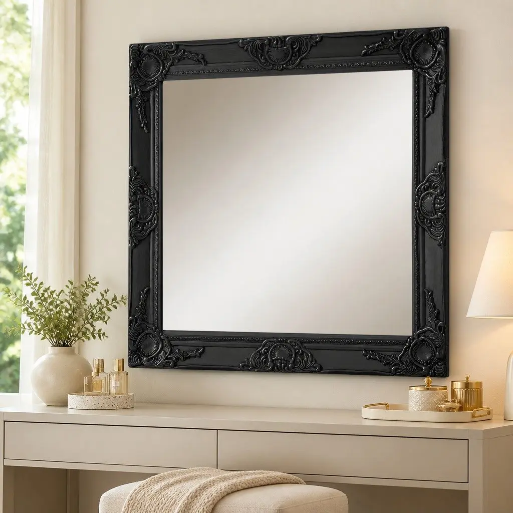 60x60 cm Black Baroque Style Wall Mirror with Frame
