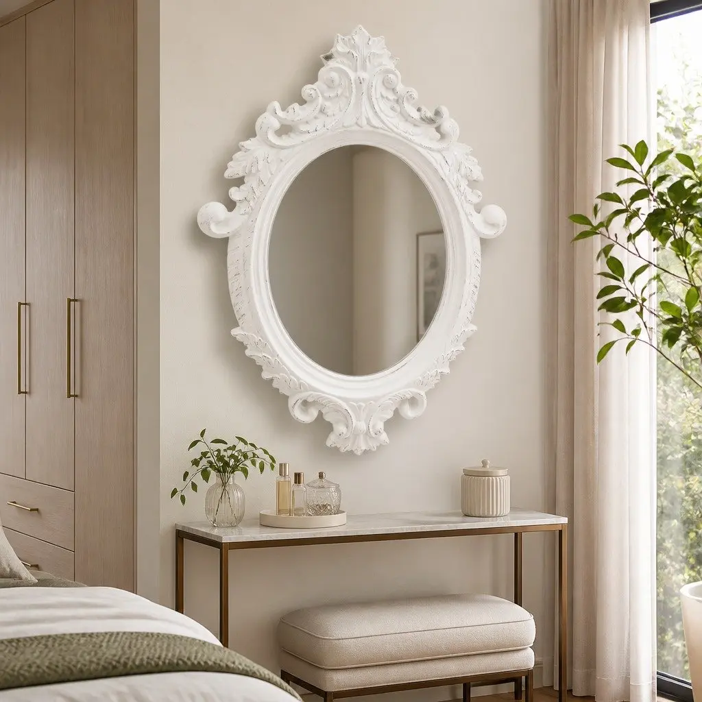 Wall Mirror PU 56x76 cm White Ornate Castle Style Frame Decor Dressing Room