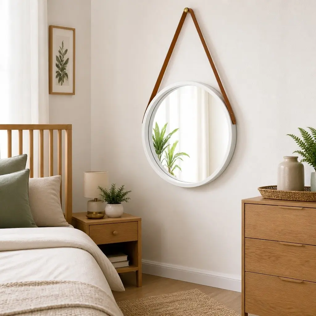 Silver Round Wall Mirror 50 cm with Adjustable Strap