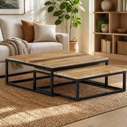 Premium Nesting Coffee Tables Set - Wooden Brown Accent