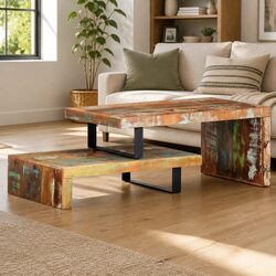 Solid Reclaimed Wood 2 Piece Coffee Table Set in Brown