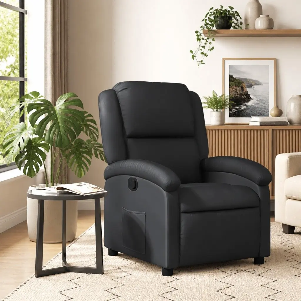 Black Real Leather Manual Reclining Armchair
