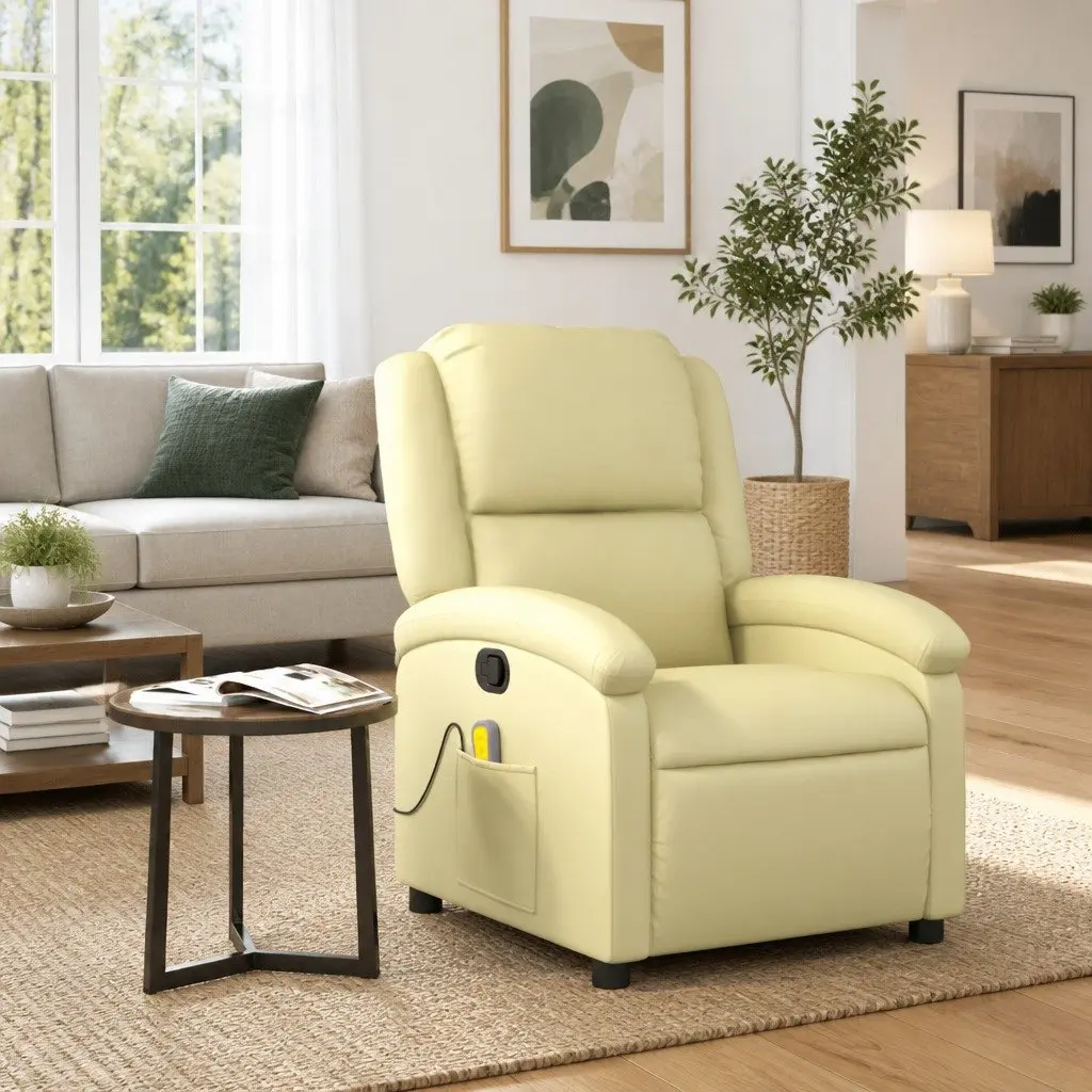 Cream Leather Manual Recline Massage Chair with Vibration