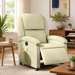 Cream Leather Electric Massage Recliner Armchair